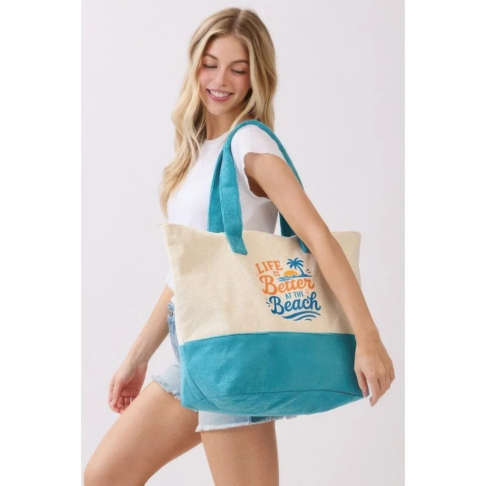 Womens Beach Tote Bag Canvas Blue‎ Trim Beach Graphic